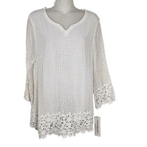 Alfred Dunner Tunic Top Womens Medium White Open Crochet 3/4 Sheer Sleeve Lined